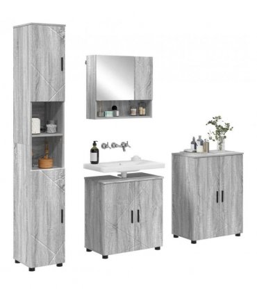 vidaXL Bathroom Furniture Set Wall-mounted with Door 4 pcs Grey Sonoma — V0672002488
