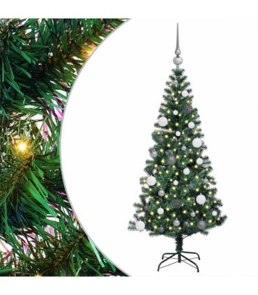 vidaXL Artificial Pre-lit Christmas Tree Green 150 cm PVC and Metal — Model: with leds &white/grey balls