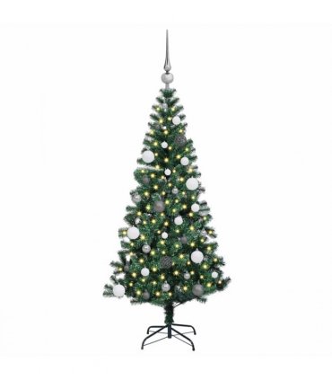 vidaXL Artificial Pre-lit Christmas Tree Green 150 cm PVC and Metal — Model: with leds &white/grey balls