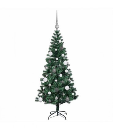 vidaXL Artificial Pre-lit Christmas Tree Green 150 cm PVC and Metal — Model: with leds &white/grey balls