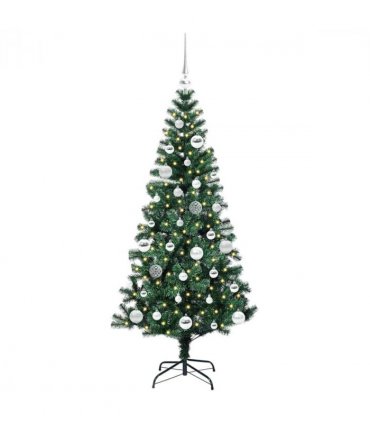 vidaXL Artificial Pre-lit Christmas Tree Green 150 cm PVC and Metal — Model: with leds &silver balls