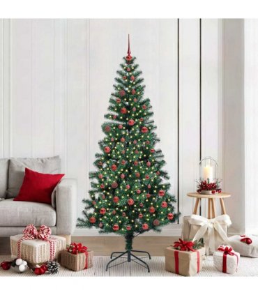 vidaXL Artificial Pre-lit Christmas Tree Green 210 cm PVC and Metal — Model: with leds &red balls