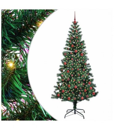 vidaXL Artificial Pre-lit Christmas Tree Green 210 cm PVC and Metal — Model: with leds &red balls
