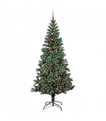 vidaXL Artificial Pre-lit Christmas Tree Green 210 cm PVC and Metal — Model: with leds &red balls