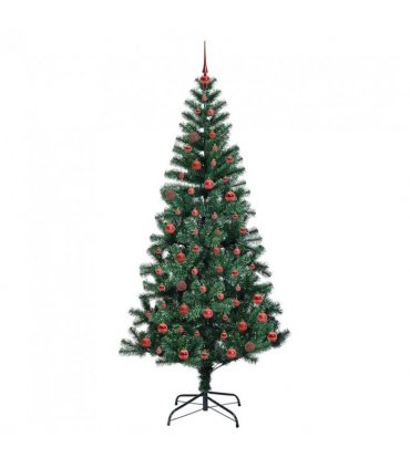 vidaXL Artificial Pre-lit Christmas Tree Green 210 cm PVC and Metal — Model: with leds &red balls