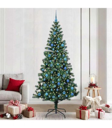 vidaXL Artificial Pre-lit Christmas Tree Green 240 cm PVC and Metal — Model: with leds &blue balls