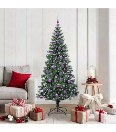 vidaXL Artificial Pre-lit Christmas Tree Green 180 cm PVC and Metal — Model: with leds &lilac balls