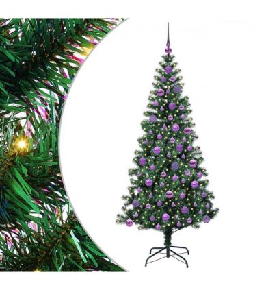 vidaXL Artificial Pre-lit Christmas Tree Green 180 cm PVC and Metal — Model: with leds &lilac balls