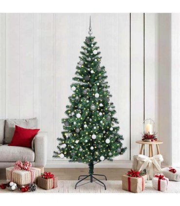vidaXL Artificial Pre-lit Christmas Tree Green 240 cm PVC and Metal — Model: with leds &white/grey balls