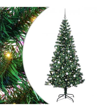 vidaXL Artificial Pre-lit Christmas Tree Green 240 cm PVC and Metal — Model: with leds &white/grey balls