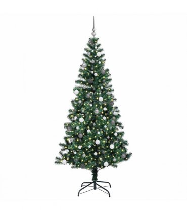 vidaXL Artificial Pre-lit Christmas Tree Green 240 cm PVC and Metal — Model: with leds &white/grey balls