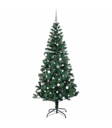 vidaXL Artificial Pre-lit Christmas Tree Green 240 cm PVC and Metal — Model: with leds &white/grey balls