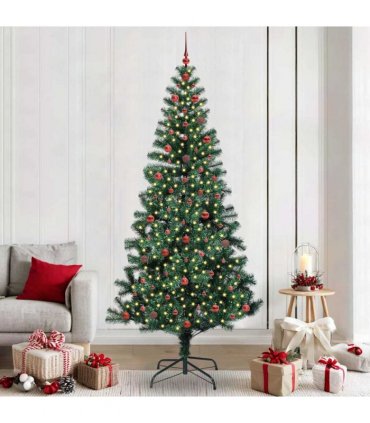 vidaXL Artificial Pre-lit Christmas Tree Green 240 cm PVC and Metal — Model: with leds &red balls