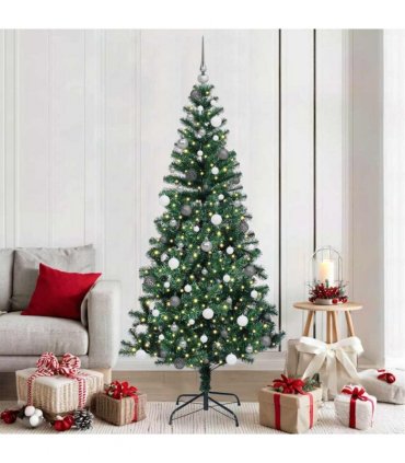 vidaXL Artificial Pre-lit Christmas Tree Green 210 cm PVC and Metal — Model: with leds &white/grey balls