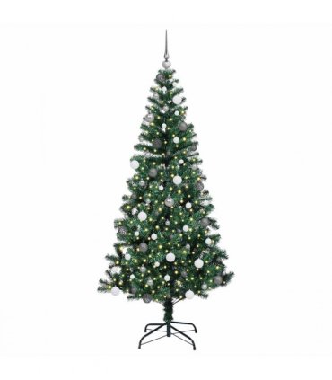 vidaXL Artificial Pre-lit Christmas Tree Green 210 cm PVC and Metal — Model: with leds &white/grey balls