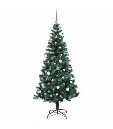 vidaXL Artificial Pre-lit Christmas Tree Green 210 cm PVC and Metal — Model: with leds &white/grey balls
