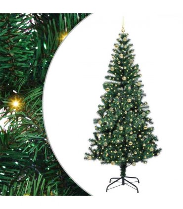 vidaXL Artificial Pre-lit Christmas Tree Green 240 cm PVC and Metal — Model: with leds &gold balls