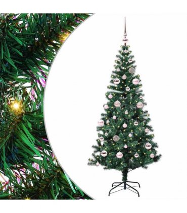vidaXL Artificial Pre-lit Christmas Tree Green 150 cm PVC and Metal — Model: with leds &pink balls