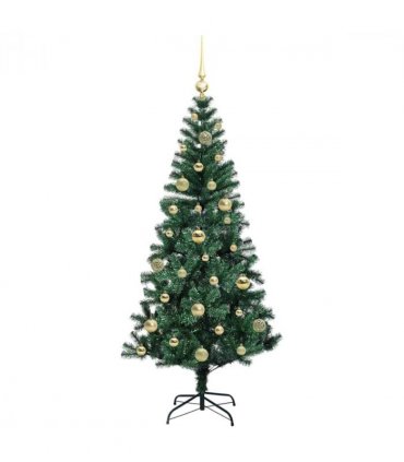 vidaXL Artificial Pre-lit Christmas Tree Green 150 cm PVC and Metal — Model: with leds &gold balls