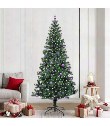 vidaXL Artificial Pre-lit Christmas Tree Green 240 cm PVC and Metal — Model: with leds &lilac balls