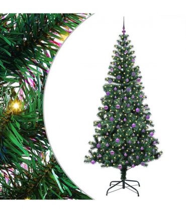vidaXL Artificial Pre-lit Christmas Tree Green 240 cm PVC and Metal — Model: with leds &lilac balls