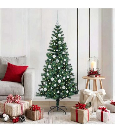 vidaXL Artificial Pre-lit Christmas Tree Green 150 cm PVC and Metal — Model: with leds &white balls