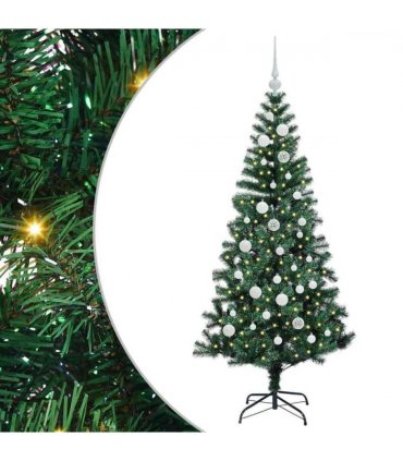 vidaXL Artificial Pre-lit Christmas Tree Green 150 cm PVC and Metal — Model: with leds &white balls
