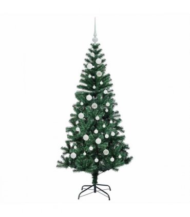 vidaXL Artificial Pre-lit Christmas Tree Green 150 cm PVC and Metal — Model: with leds &white balls