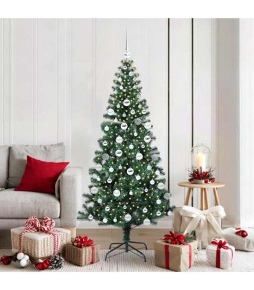 vidaXL Artificial Pre-lit Christmas Tree Green 180 cm PVC and Metal — Model: with leds &silver balls