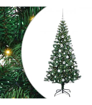 vidaXL Artificial Pre-lit Christmas Tree Green 180 cm PVC and Metal — Model: with leds &silver balls