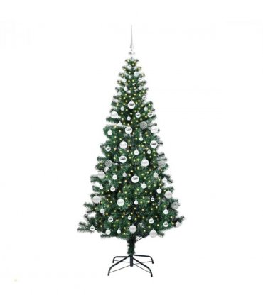 vidaXL Artificial Pre-lit Christmas Tree Green 180 cm PVC and Metal — Model: with leds &silver balls