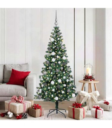 vidaXL Artificial Pre-lit Christmas Tree Green 180 cm PVC and Metal — Model: with leds &white/grey balls