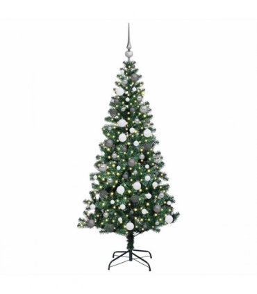 vidaXL Artificial Pre-lit Christmas Tree Green 180 cm PVC and Metal — Model: with leds &white/grey balls
