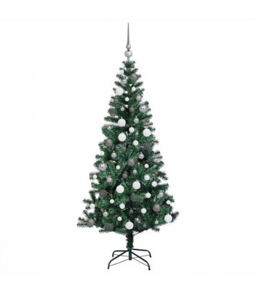 vidaXL Artificial Pre-lit Christmas Tree Green 180 cm PVC and Metal — Model: with leds &white/grey balls