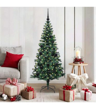 vidaXL Artificial Pre-lit Christmas Tree Green 150 cm PVC and Metal — Model: with leds &black balls