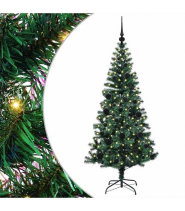 vidaXL Artificial Pre-lit Christmas Tree Green 150 cm PVC and Metal — Model: with leds &black balls