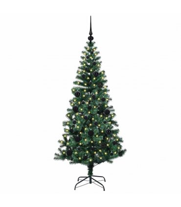 vidaXL Artificial Pre-lit Christmas Tree Green 150 cm PVC and Metal — Model: with leds &black balls