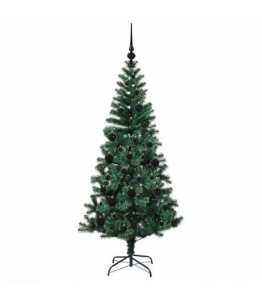 vidaXL Artificial Pre-lit Christmas Tree Green 150 cm PVC and Metal — Model: with leds &black balls