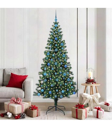 vidaXL Artificial Pre-lit Christmas Tree Green 210 cm PVC and Metal — Model: with leds &blue balls