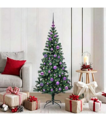 vidaXL Artificial Pre-lit Christmas Tree Green 150 cm PVC and Metal — Model: with leds &lilac balls