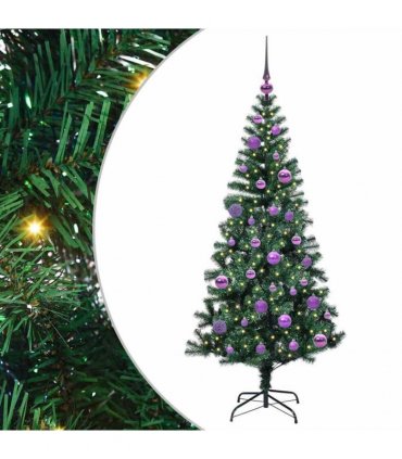 vidaXL Artificial Pre-lit Christmas Tree Green 150 cm PVC and Metal — Model: with leds &lilac balls