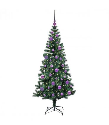 vidaXL Artificial Pre-lit Christmas Tree Green 150 cm PVC and Metal — Model: with leds &lilac balls