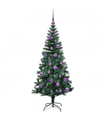 vidaXL Artificial Pre-lit Christmas Tree Green 150 cm PVC and Metal — Model: with leds &lilac balls
