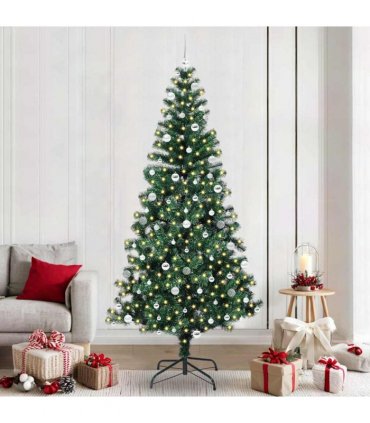 vidaXL Artificial Pre-lit Christmas Tree Green 240 cm PVC and Metal — Model: with leds &silver balls