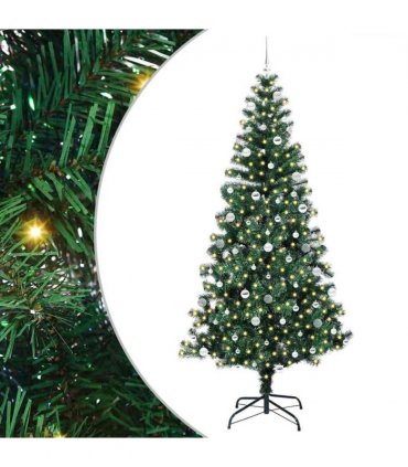 vidaXL Artificial Pre-lit Christmas Tree Green 240 cm PVC and Metal — Model: with leds &silver balls