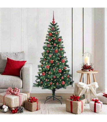vidaXL Artificial Pre-lit Christmas Tree Green 150 cm PVC and Metal — Model: with leds &red balls