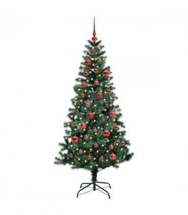 vidaXL Artificial Pre-lit Christmas Tree Green 150 cm PVC and Metal — Model: with leds &red balls