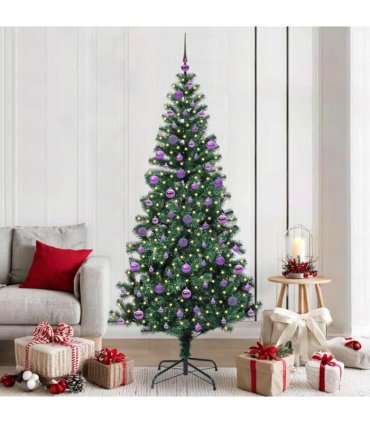 vidaXL Artificial Pre-lit Christmas Tree Green 210 cm PVC and Metal — Model: with leds &lilac balls