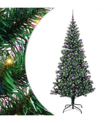 vidaXL Artificial Pre-lit Christmas Tree Green 210 cm PVC and Metal — Model: with leds &lilac balls