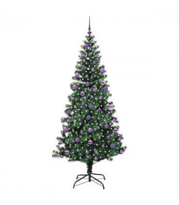 vidaXL Artificial Pre-lit Christmas Tree Green 210 cm PVC and Metal — Model: with leds &lilac balls